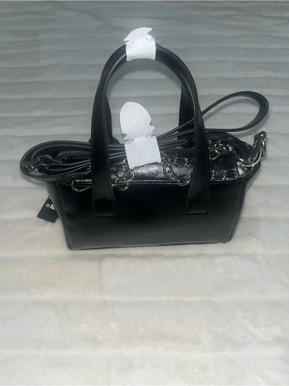 Madden NYC Small Black Satchel Hand Purse With Small Heart Chain NWT